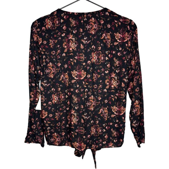 NWT Women's Floral Tie Front Blouse Top, Black Sz XS - Picture 4 of 6